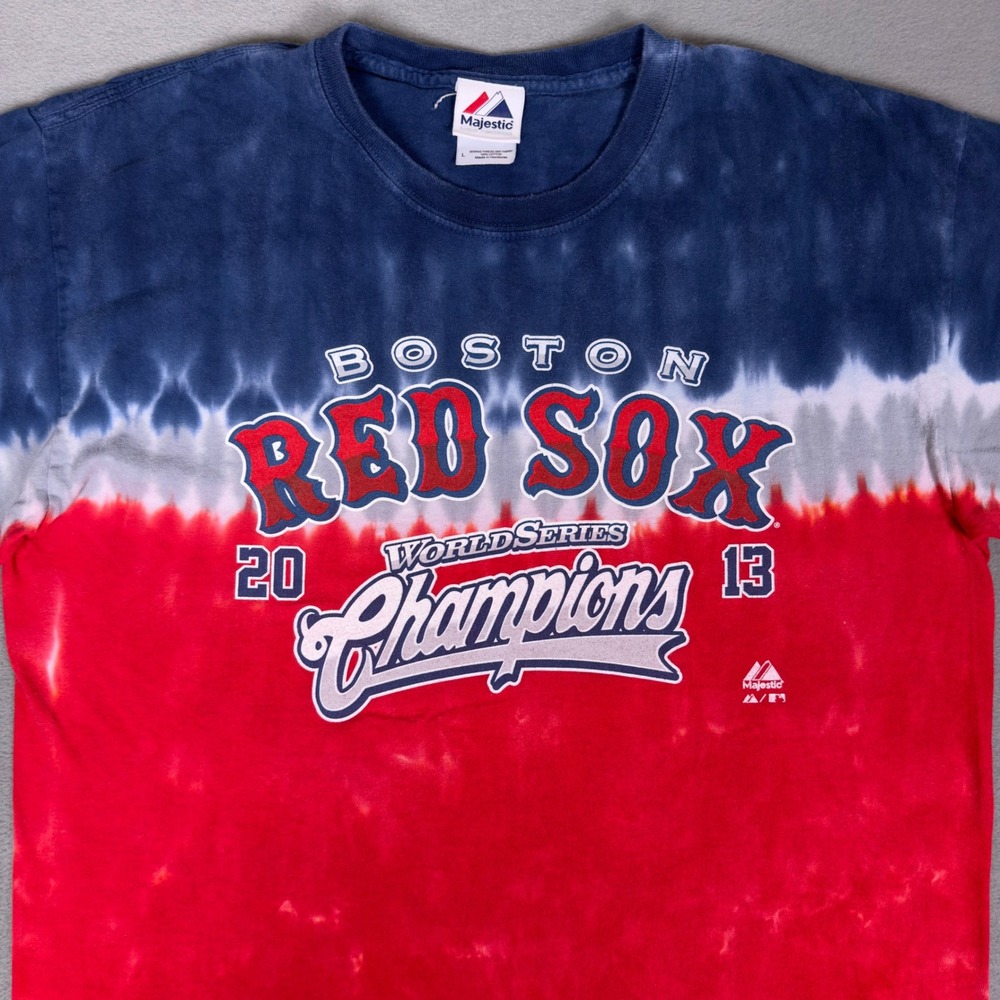 Majestic Boston Red Sox 2013 World Series Champions Tie Dye Tee Mens L Red Blue - Picture 3 of 6